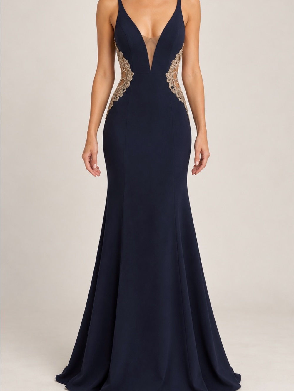 Faviana Glamour navy and gold beaded open back formal gown size 8